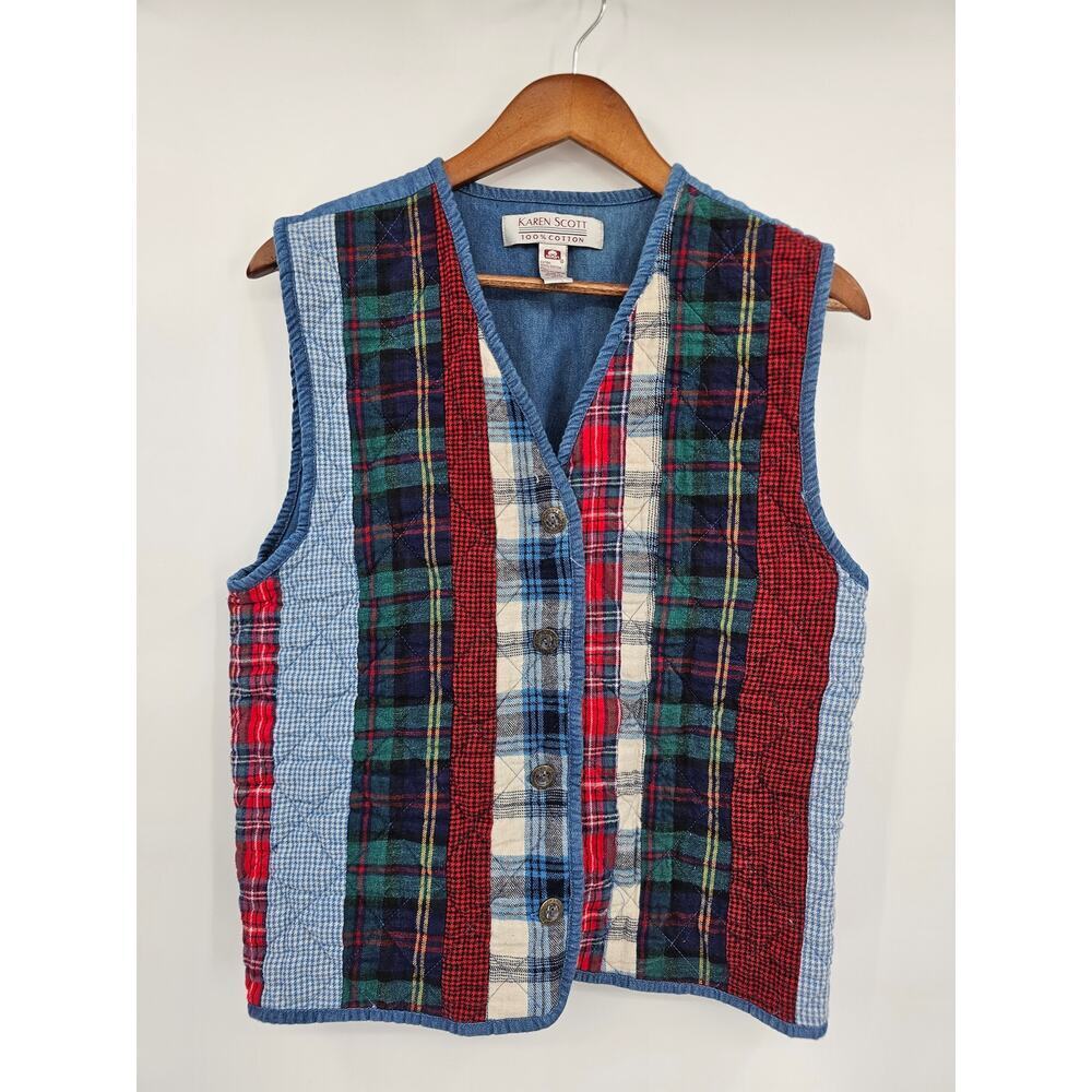 Vtg Karen Scott Women's M 100% Cotton Patchwork Plaid 90s Americana Denim Vest